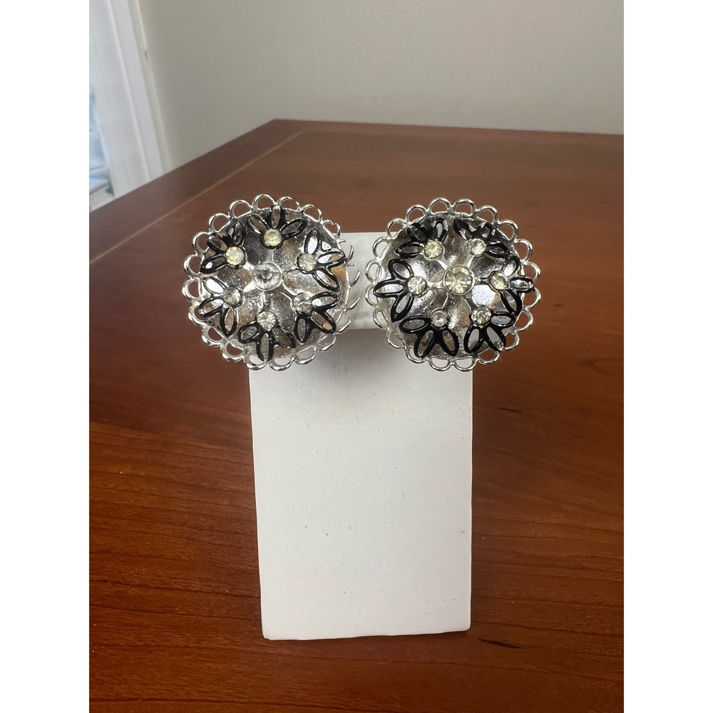 Vintage Silver Tone Black Enamel Rhinestone Floral Screw Back Earrings Statement